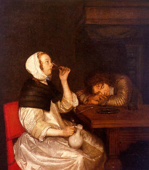 Gerard Ter Borch Woman Drinking with a Sleeping Soldier oil painting picture